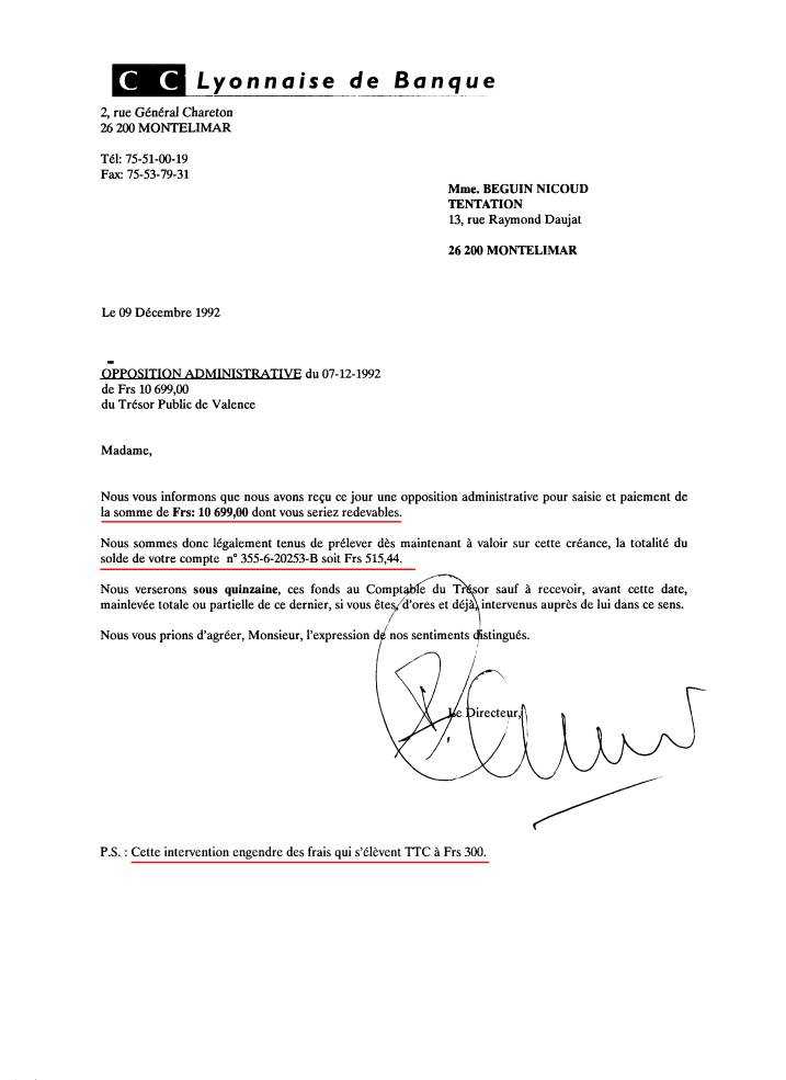 09 DEC. 1992 - Lettre du Trésor Public Valence à /S.L.Banque - Opposition Administrative 1