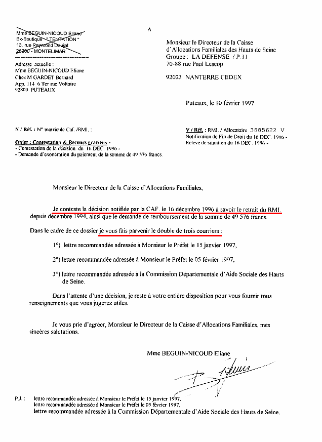 ma  lettre à la Caisse d'Allocations Familiales 10 février 1997