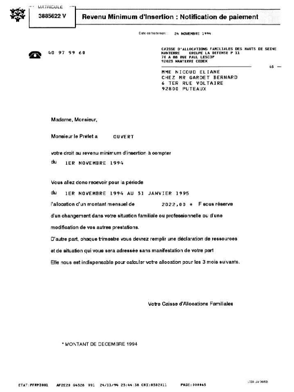 24-11-1994 : La CAF informe la requrante de l'attribution du RMI par Monsieur le Prfet.