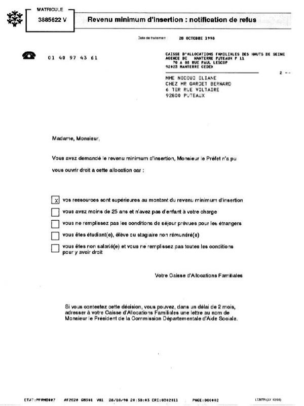 28-10-1998 : La CAF informe la requérante du refus du RMI, par Monsieur le Préfet.
