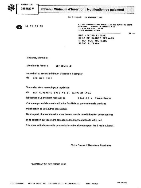 La CAF informe la requérante du renouvellement du RMI par Monsieur le Préfet.