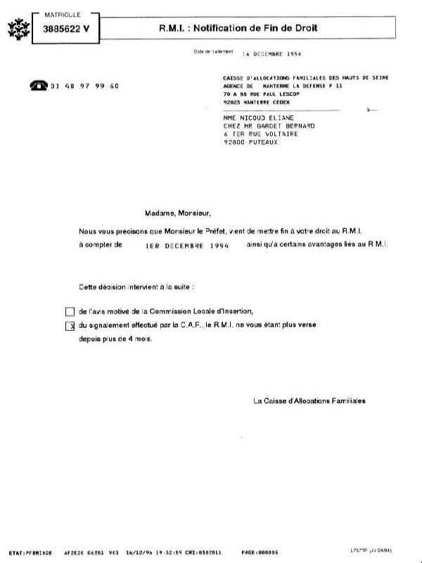 La CAF informe la requérante de la notification de fin de droit au RMI par M. le Préfet.