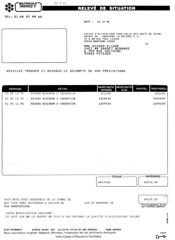   La CAF rclame 49.576 francs  la requrante - Relev de situation.