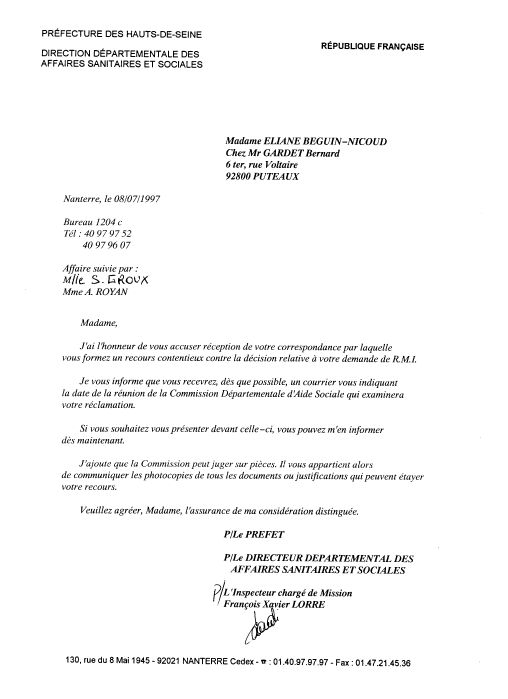 08 jullet 1997 - DDASS - Accuse rcept. recours contentieux contre dcision RMI