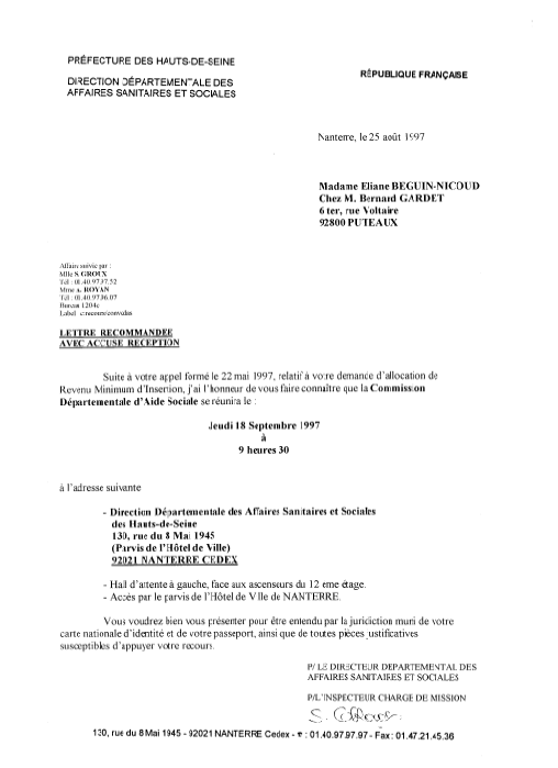 Convocation recommandée de la Direction Départementale des Affaires Sanitaires Sociales demandant à la requérante de se présenter le 18 septembre 1997.