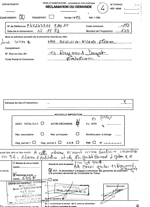 02/11/1993 - Réclamation demande - Impôts Rodolphe Bringer