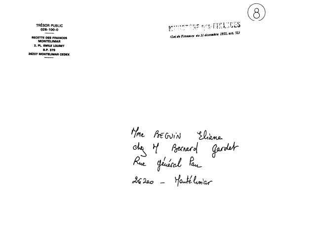 08 avril 1994 - Reçois une enveloppe du Trésor Public - Recette Finances