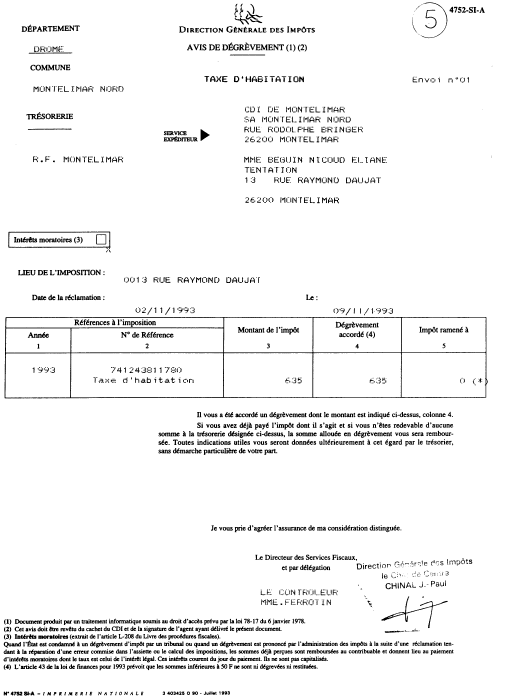 09/11/1993 - Annulation taxe habitation : contrôleur Mme FERROTIN - 