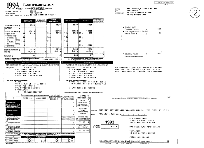 23/10/1993 - Reçois taxe habitation appartement 