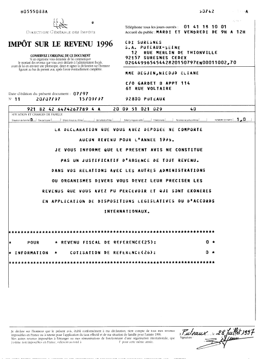 11 - Dclaration d'impt sur le revenu 1996 de la requrante. 