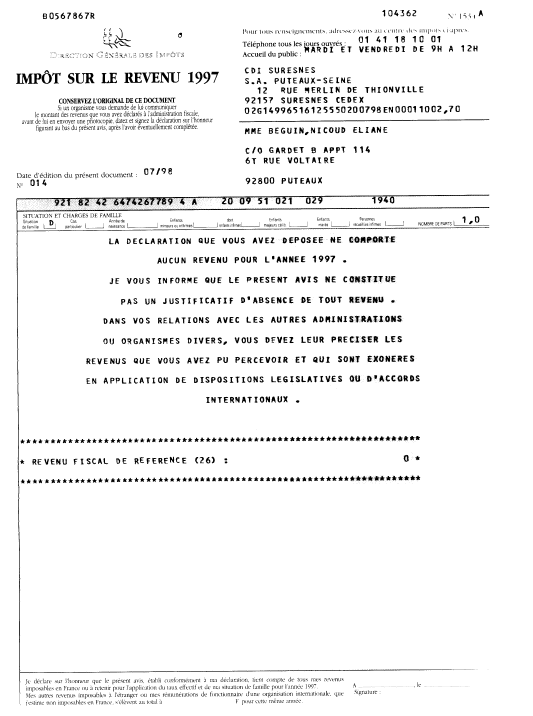 12 - Dclaration d'impt sur le revenu 1997 de la requrante.