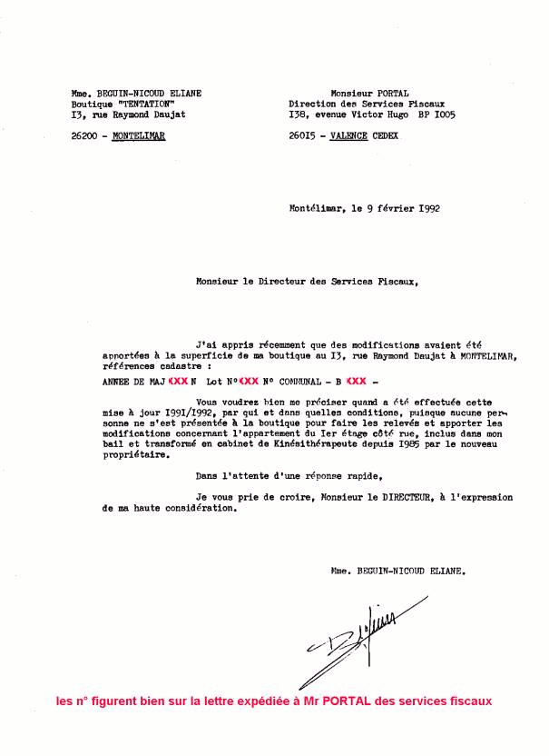 09 FEV. 1992 - Lettre AR.  Mr PORTAL Services Fiscaux de Valence