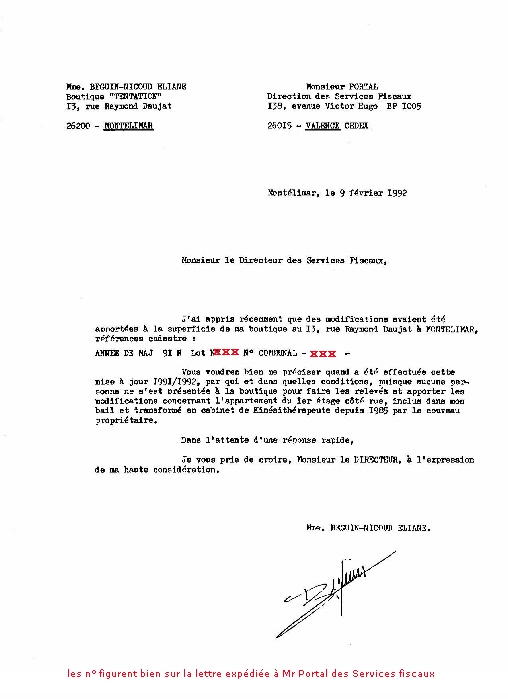 09 FEV. 1992 - Lettre AR. � Mr PORTAL Services Fiscaux de Valence