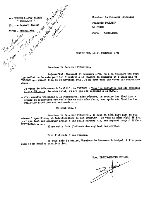 Lettre du 13 novembre 1991 à FOURNIER / Receveur Principal/Poste.