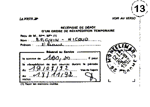 20/08/92 - Récépissé dépôt ordre de réexpédition temporaire à la POSTE