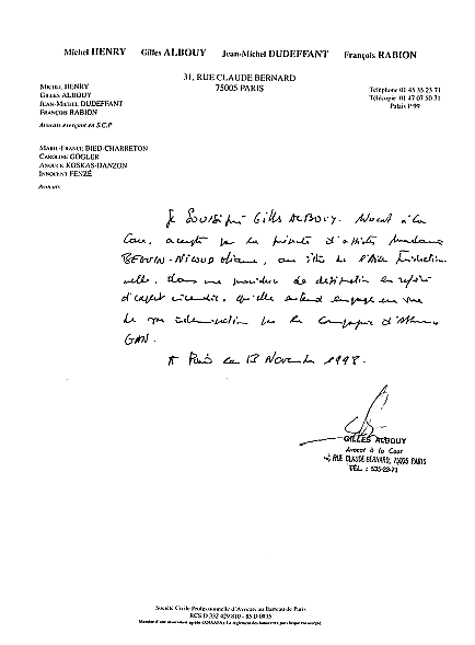  13/11/1998 - Lettre de Matre ALBOUY Gilles pour ma demande d'Aide Juridictionnelle