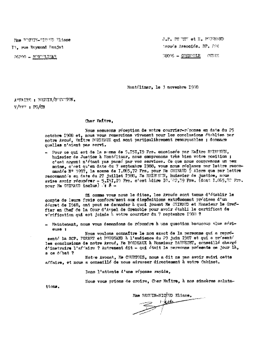  03 NOV. 1988 - J'expédie lettre AR LR 0129 à Perret et Pougnand