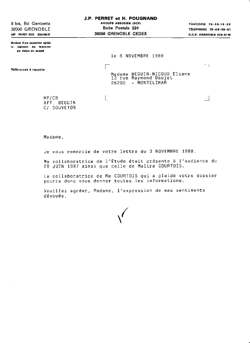 08 NOV. 1988 - Lettre de Perret et Pougnand