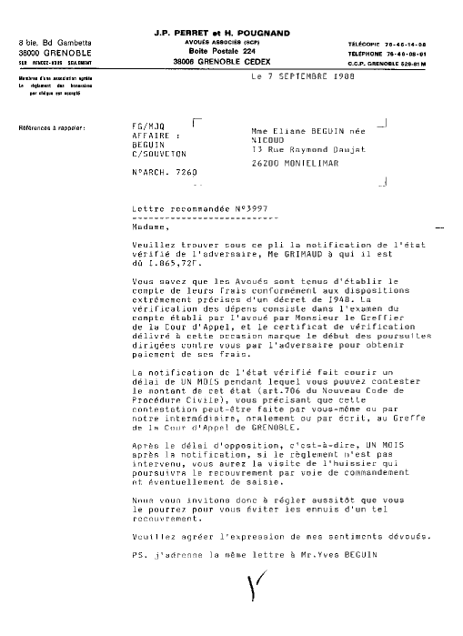 07 SEP. 1988 - Mise en demeure de payer 1.865,72 Frs a GRIMAUD pour l'arrêt du 26 août 1987 au nom de Souveton qui a vendu mon chien ulric