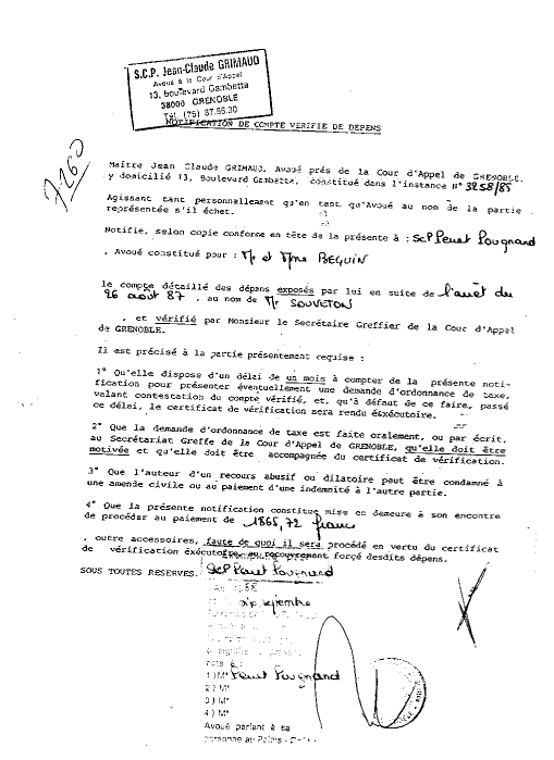 07 SEP. 1988 - Mise en demeure de payer 1.865,72 Frs a GRIMAUD pour l'arrêt du 26 août 1987 au nom de Souveton qui a vendu mon chien ulric