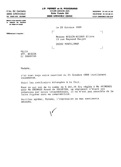 25 OCT. 1988 - Lettre de Perret et Pougnand Grenoble -