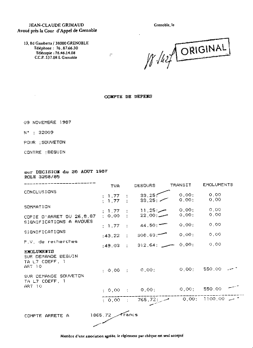 07 SEP. 1988 - Mise en demeure de payer 1.865,72 Frs a GRIMAUD pour l'arrêt du 26 août 1987 au nom de Souveton qui a vendu mon chien ulric