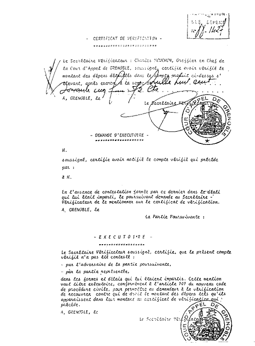 07 SEP. 1988 - Mise en demeure de payer 1.865,72 Frs a GRIMAUD pour l'arrêt du 26 août 1987 au nom de Souveton qui a vendu mon chien ulric