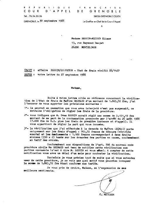 30 Septembre 1988 - Réponse du Greffier Chef  Mouchon - Vérification / Etat des Frais de GRIMAUD.