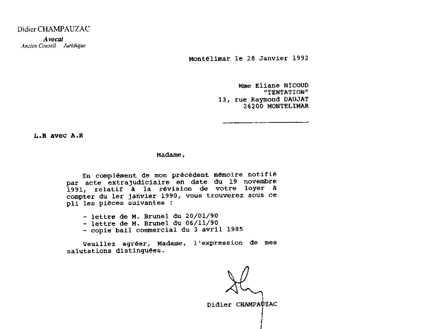 Lettre de Didier Champauzac - Ancien Conseil Juridique - Avocat au Barreau de Valence