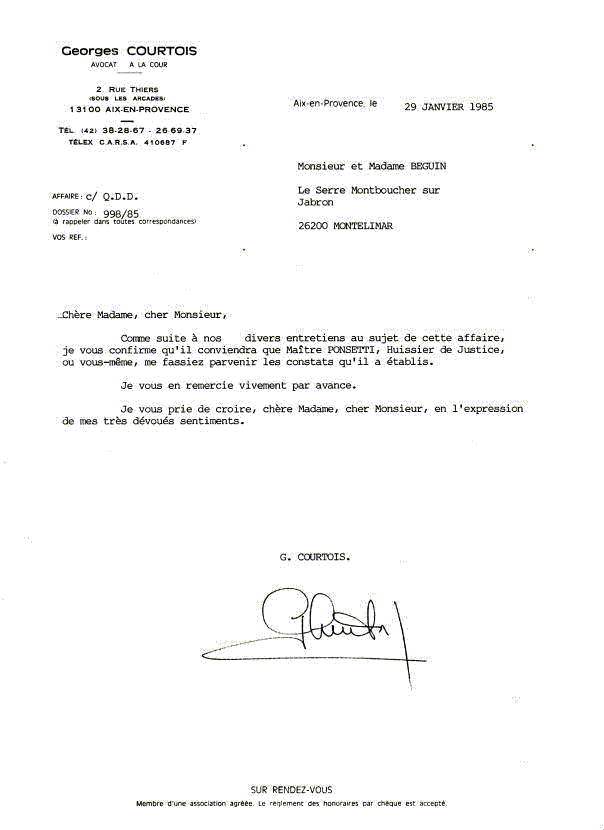 Lettre de mon avocat Courtois Georges concernant mon chien dobermann Ulric, vol par le vtrinaire Souveton Jacques de Montlimar.