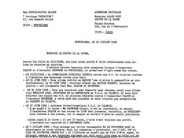 21 juillet 1989 - Lettre au d�put� Alain Fort - je lui signale que le Greffier Hazane du TGI. de Valence � un Code qui date de 1979 - page1