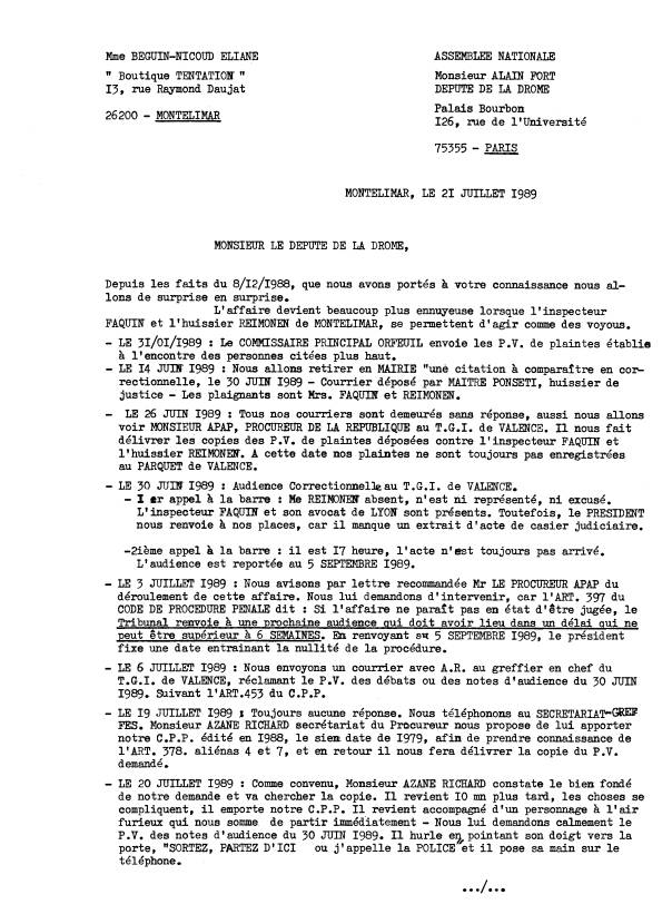 21 juillet 1989 - Lettre au dput Alain Fort - je lui signale que le Greffier Hazane du TGI. de Valence  un Code qui date de 1979 - page1