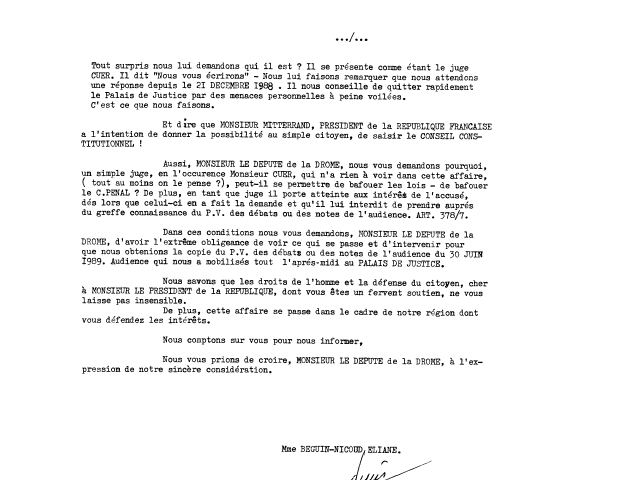 21 juillet 1989 - Lettre au d�put� Alain Fort - je lui signale que le Greffier Hazane du TGI. de Valence � un Code qui date de 1979 - page2