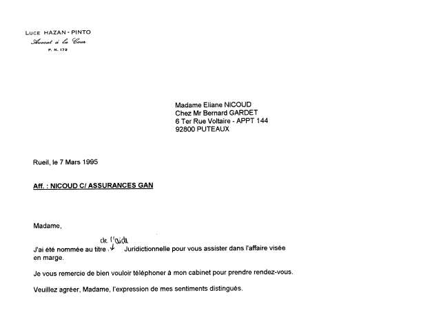 Je reçois un courrier de Luce Hazan-Pinto avocate à Nanterre
