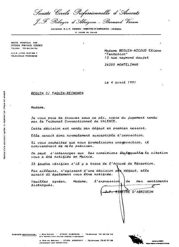 04 avril 991- Lettre de Ribeyre + Copie Jugement  27 Avril 1990 -