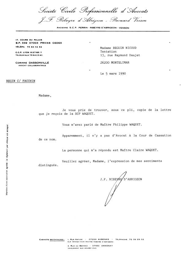 05 MAR. 1990 - Lettre de Ribeyre d'Abrigeon + copie  de la SCP. Waquet - Farge - Hazan  