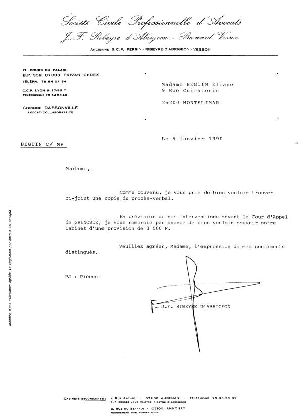 09 JAN. 1990 - Lettre de Ribeyre + PV - Demande 3.500 F pour intervenir Cour A