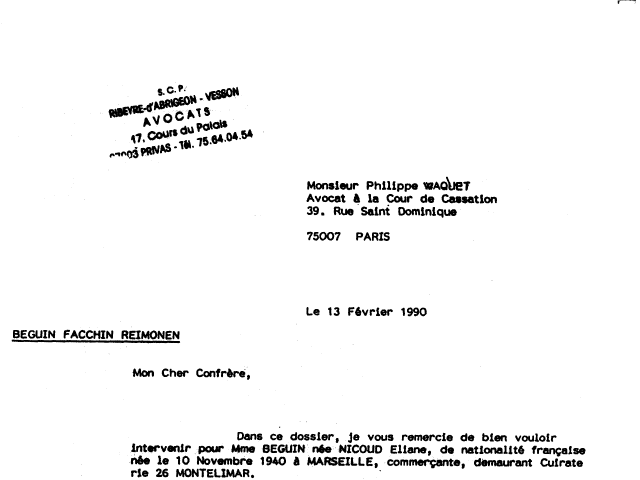 13 FEV. 1990 - Lettre de Ribeyre D'Abrigeon + copie a Waquet