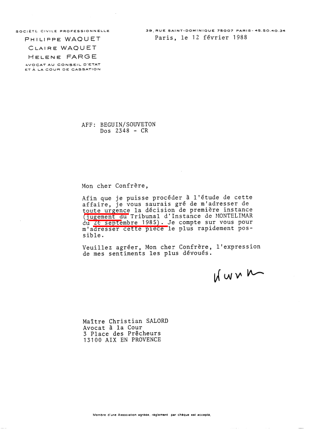 12 février 1988 : Lettre de Philippe WAQUET à son confrère l'avocat Christian SALORD d'Aix-en-Provence