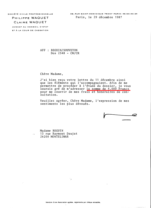 Lettre de Waquet du 29 décembre 1987