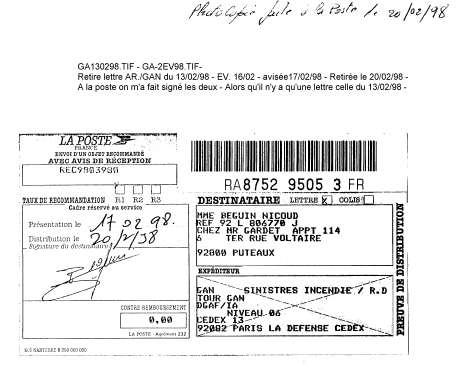 AR. du GAN [postée le 16/02/98, présentée le 17/02/98 et retirée par mes soins le 20/02/98]