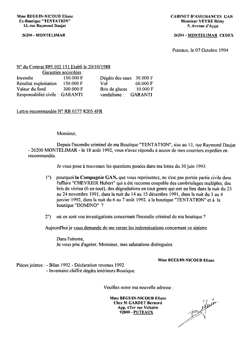 07 octobre 1994 - j'expdie une lettre recommande + Bilan  Rmy VEYRE / Cabinet GAN Montlimar Drme