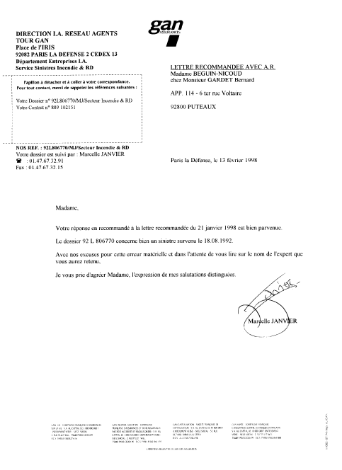 Lettre AR. du 13 février 1998  signée Marcelle JANVIER Secteur Incendie & RD,