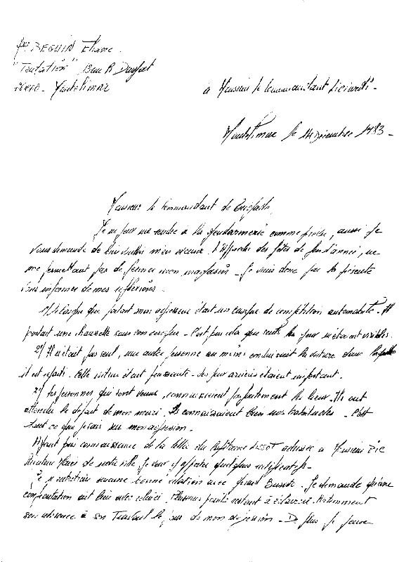 Lettre au Cdt Liciardi concernant l'affaire des vols et agressions de ma villa, de mon magasin .... 1