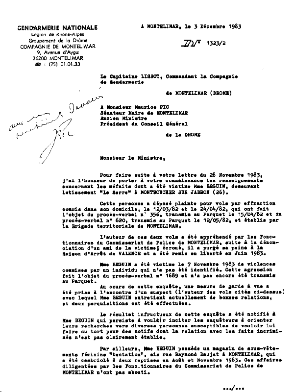 M. Maurice PIC Sénateur-Maire de Montélimar me fait parvenir la lettre réponse du Capitaine Lissot