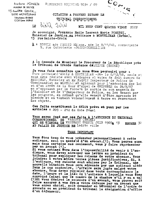 05 JUN. 1989 - Citation  Prevenu devant le tribunal Correctionnel - Me Ponseti