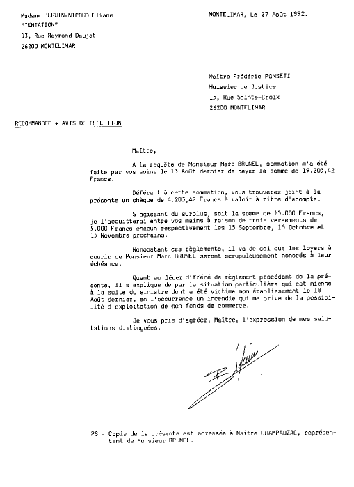 Lettre  Matre Ponseti - Je paie les loyers pour Marc Brunel alors que ma boutique est incendie depuis le 18 aot 1992.