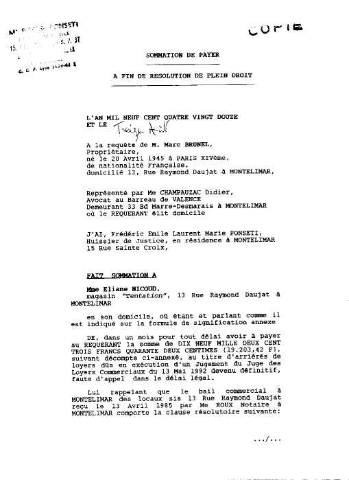 13 aout 1992 - Sommation de payer de l'huissier Ponseti