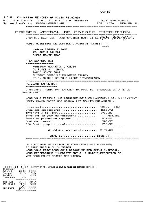 08 DEC. 1988 - Saisie- exécution de mon véhicule Matra par l'huissier Reimonen et l'inspecteur divisionnaire de la Police Judiciaire Raymond Faquin, sur ordre du vétérinaire Souveton. 