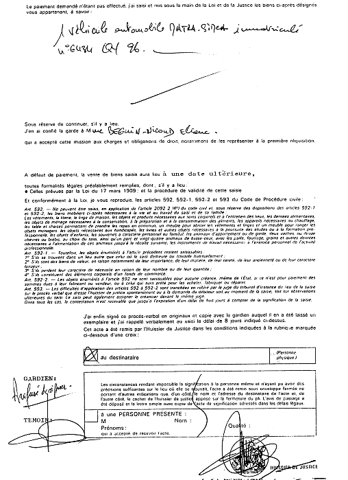 08 DEC. 1988 - Saisie- exécution de mon véhicule Matra par l'huissier Reimonen et l'inspecteur divisionnaire de la Police Judiciaire Raymond Faquin, sur ordre du vétérinaire Souveton. 